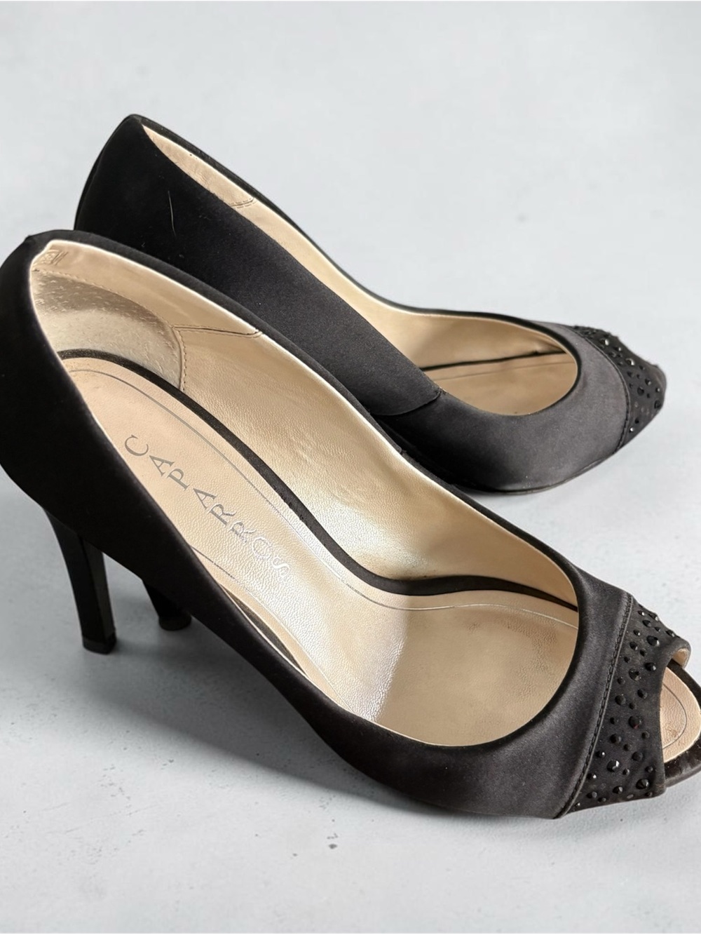 Caparros Black Satin Peep-Toe Heels with Studded Detail